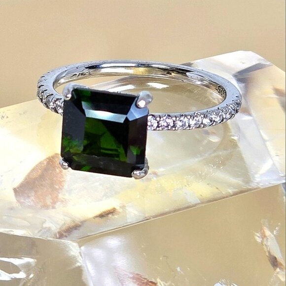925 Sterling Silvet Ring SZ 8 with Natural Chrome Diopside 8x8mm & CZ - Picture 8 of 10